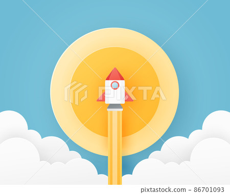 Space rocket launch. Paper art of rocket flying to the sky. Design for banner, flyer, background, poster. Paper cut style. Vector illustration. 86701093