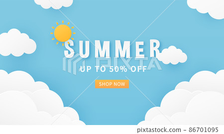 Summer banner background. Fluffy clouds and sun on blue sky background. Paper cut style. Vector illustration. Summer banner background. Fluffy clouds and sun on blue sky background. Paper cut style. Vector illustration. 86701095