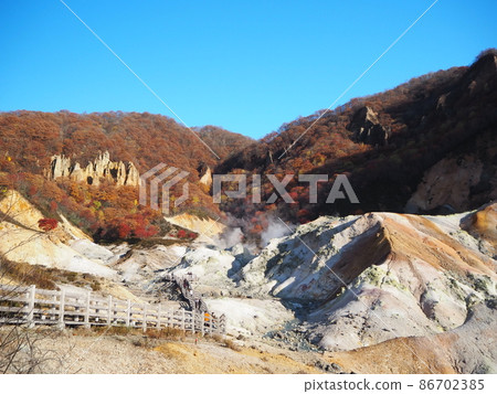 Autumn leaves of "Jigokudani" (explosion crater group that raises fumaroles) in Hokkaido Autumn leaves of "Jigokudani" (explosion crater group that raises fumaroles) in Hokkaido 86702385