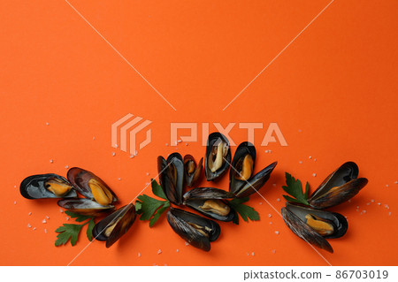 Fresh mussels on orange background, space for text 86703019