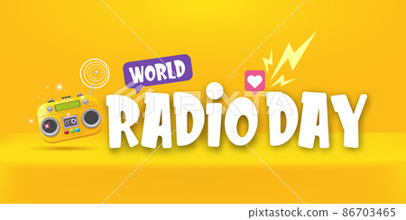 Vector World radio day horizontal banner with old cassette stereo player isolated on orange podium background. Cartoon funky hipster Radio day banner, label, sign, icon or poster with radio 86703465