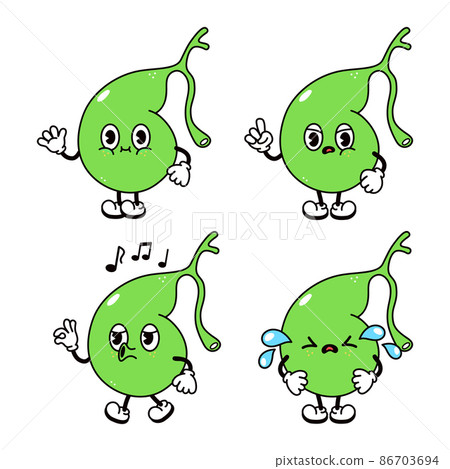 Funny happy gallbladder characters bundle set. Vector hand drawn doodle style traditional cartoon vintage, retro character illustration icon design. Isolated white background. Cute gallbladder mascot Funny happy gallbladder characters bundle set. Vector hand drawn doodle style traditional cartoon vintage, retro character illustration icon design. Isolated white background. Cute gallbladder mascot 86703694