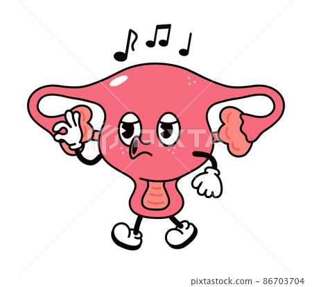 Cute funny uterus walking singing character. Vector hand drawn traditional cartoon vintage, retro, kawaii character illustration icon. Isolated on white background. Happy uterus walk and sing 86703704