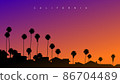 Beautiful sunset somewhere in California, USA. Creative postcard style vector illustration  86704489