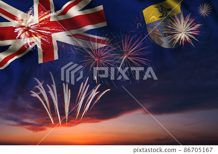 Night sky with fireworks and flag of Saint Helena Night sky with fireworks and flag of Saint Helena 86705167
