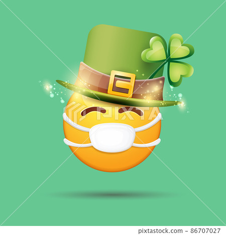 Vector Emoji sticker with mouth medical protection mask and saint Patricks green hat isolated on green background. Yellow st. Patricks smile face character with hat and white surgeon mask. 86707027