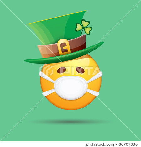 Vector Emoji sticker with mouth medical protection mask and saint Patricks green hat isolated on green background. Yellow st. Patricks smile face character with hat and white surgeon mask. 86707030