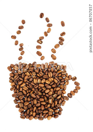 Coffee cup and steam made from beans, grain. Isolated on white background. Retro Coffee cup and steam made from beans, grain. Isolated on white background. Retro 86707857