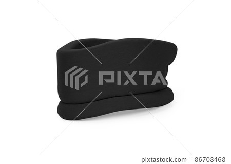 Black orthopedic collar on neck isolated on white background. Medical support neck brace. Concept of cervical sprain and therapy. Traumatic head or neck injuries. Fixation. Spine fracture. Black orthopedic collar on neck isolated on white background. Medical support neck brace. Concept of cervical sprain and therapy. Traumatic head or neck injuries. Fixation. Spine fracture. 86708468
