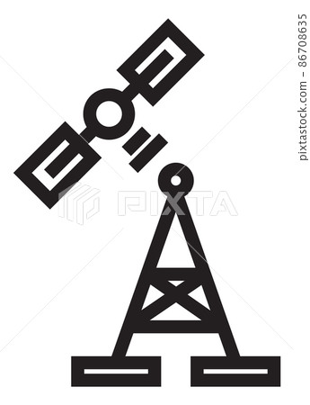 Satellite broadcasting to antenna tower. Global communication icon Satellite broadcasting to antenna tower. Global communication icon 86708635