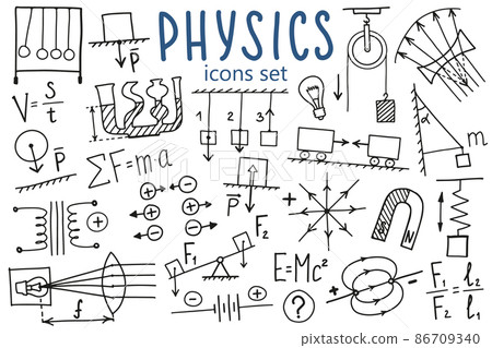 Phisics symbols icon set. Science subject doodle design. Education and study concept. Back to school sketchy background for notebook, not pad, sketchbook. 86709340