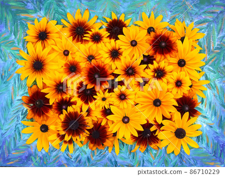 Floral composition background. Black-eyed susan or Rudbeckia hirta plant, brown betty, gloriosa daisy, golden Jerusalem. 86710229