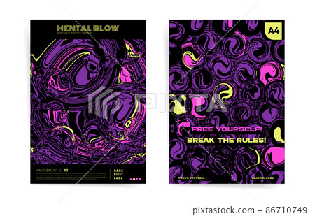 Dark ink abstract template design with typography for poster, flyer, event brochure, placard, presentation or cover. Vector black and purple colors and rounded magic shapes background set. Dark ink abstract template design with typography for poster, flyer, event brochure, placard, presentation or cover. Vector black and purple colors and rounded magic shapes background set. 86710749