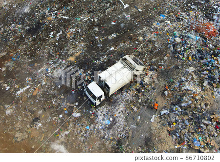 Arial view of garbage truck during unloading the rubbish and food waste. Recycling garbage.  86710802