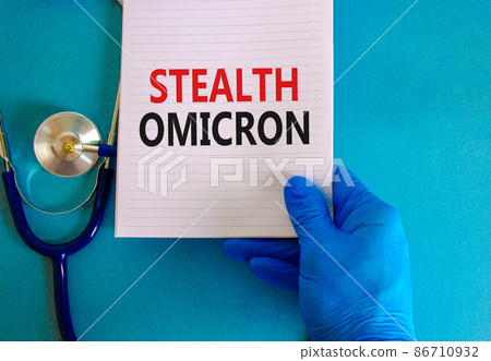 New covid-19 stealth omicron variant symbol. Hand in blue glove with white note. Concept words Stealth omicron. Stethoscope. Medical and COVID-19 stealth omicron variant strain concept. Copy space. 86710932