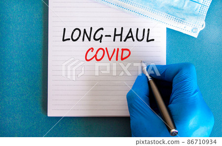 COVID-19 long-haul covid symptoms symbol. White card with words long-haul covid. Doctor hand, pen, beautiful blue background, copy space. Medical, COVID-19 long-haul covid symptoms concept. 86710934