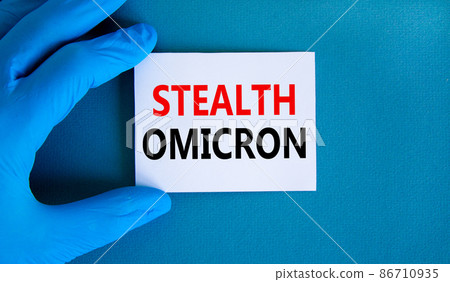 New covid-19 stealth omicron variant strain symbol. Hand in blue glove with white card. Concept words Stealth omicron. Medical and COVID-19 stealth omicron variant strain concept. Copy space. 86710935