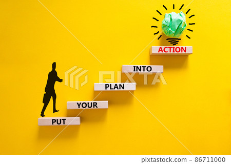 Put your plan into action symbol. Wooden blocks with words Put your plan into action. Beautiful yellow background, copy space. Businessman icon, light bulb. Business, plan into action concept. Put your plan into action symbol. Wooden blocks with words Put your plan into action. Beautiful yellow background, copy space. Businessman icon, light bulb. Business, plan into action concept. 86711000