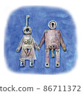 Watercolor drawing of male and female figures holding hands stylized as keys. 86711372