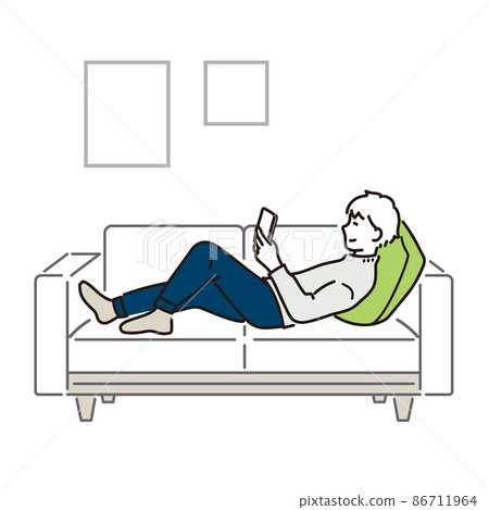 Illustration material of a man relaxing while looking at a smartphone on the sofa 86711964