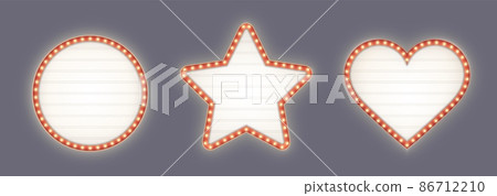 Retro lightboxes, red marquee billboards - circle, star and heart shapes with yellow light bulbs 86712210