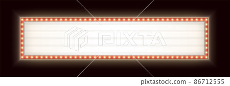 Wide retro lightbox with light bulbs. Vintage theater signboard. Horizontal marquee billboard with lamps. Wide retro lightbox with light bulbs. Vintage theater signboard. Horizontal marquee billboard with lamps. 86712555