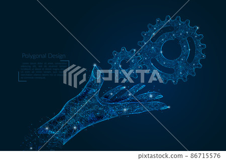 Abstract isolated image of human hand with cogwheels. Polygonal low poly style illustration looks like stars in the blask night sky in spase or flying glass shards. 86715576