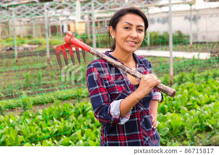 woman gardener worker standing with rake 86715817