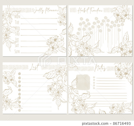4 types of bullet journal sheets, list with illustrations of coffee leaves and flowers, weekly schedule, memo 86716493