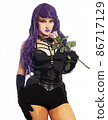 Woman in Black Corset With Purple Hair on White Background 86717129