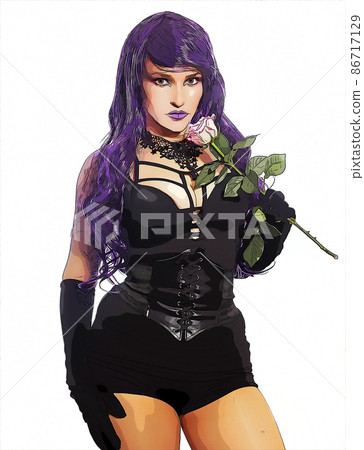Woman in Black Corset With Purple Hair on White Background 86717129