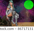 Alien Woman With Blue Hair and Green Moon Holding Ray Gun 86717131
