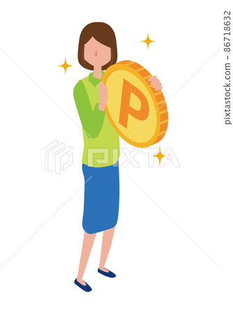 A woman holding a coin with the image of a point 86718632