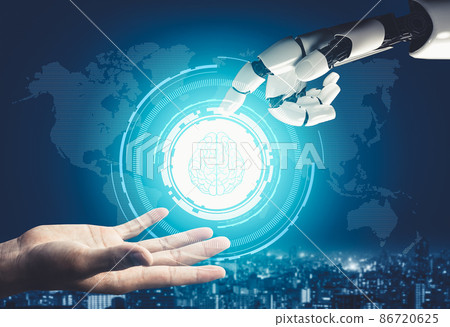 Futuristic AI thinking of droid robot artificial intelligence concept Futuristic AI thinking of droid robot artificial intelligence concept 86720625