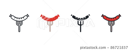 Grilled sausage on fork icon. Linear flat color icons contour shape outline. Black isolated silhouette. Fill solid icon. Glyph design. Set of vector illustrations. Meat products. Food ingredients 86721837