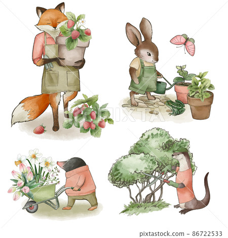 Collection of dressed animals doing gardening, hand drawn 86722533