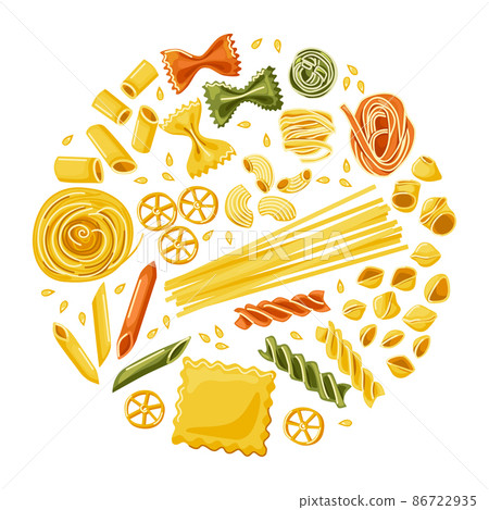 Colored pasta. Different types of pasta. Italian cuisine. Set in cartoon style. Vector. Colored pasta. Different types of pasta. Italian cuisine. Set in cartoon style. Vector. 86722935