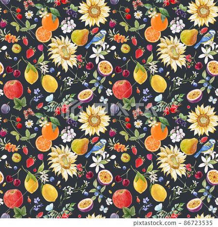Beautiful seamless summer pattern with watercolor flowers and lemon pear orange mango fruits. Stock illustration. 86723535