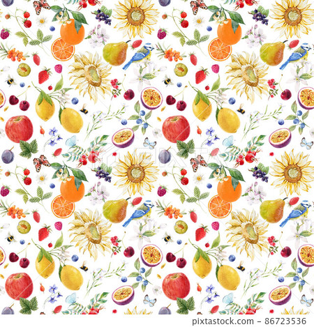 Beautiful seamless summer pattern with watercolor flowers and lemon pear orange mango fruits. Stock illustration. 86723536