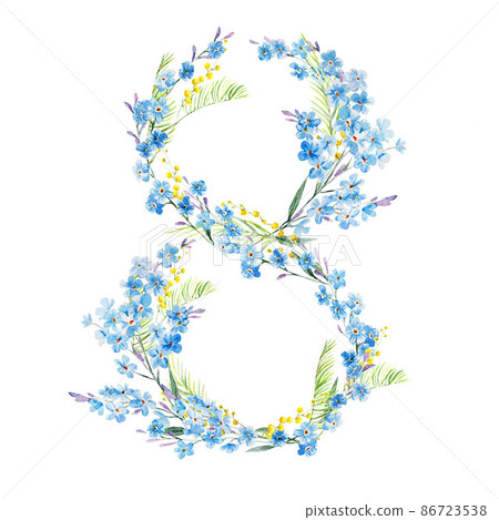 Beautiful stock illustration with watercolor hand drawn floral number eight, symbol of 8 March. International Women's Day. 86723538