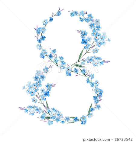 Beautiful stock illustration with watercolor hand drawn floral number eight, symbol of 8 March. International Women's Day. 86723542