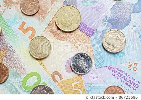 New Zealand dollar coins and banknotes 86723680