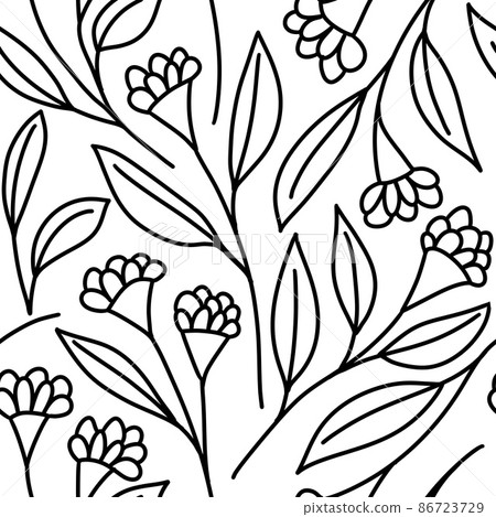 Seamless hand drawn pattern with black and white flowers floral botanical elements, leaves leaf branch blossom. Minimalist monochrome daisy rose peony plants on white background, for textile wallpaper 86723729