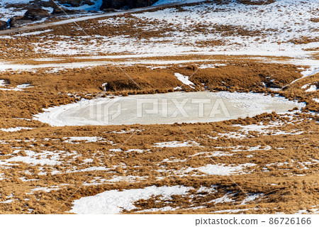 Small Pond for Cows with Ice in Winter on Lessinia Plateau Veneto Italy Small Pond for Cows with Ice in Winter on Lessinia Plateau Veneto Italy 86726166