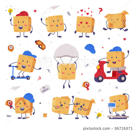 Cute Delivery Cardboard Box Character Riding Scooter and Weighing Vector Set 86726871
