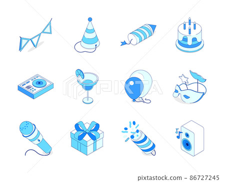 Birthday party - modern line isometric icons set Birthday party - modern line isometric icons set 86727245