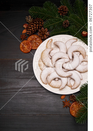 Plate of Traditional German or Austrian Vanillekipferl vanilla kipferl cookies Plate of Traditional German or Austrian Vanillekipferl vanilla kipferl cookies 86727307