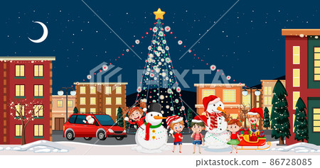 Christmas winter scene with children celebrating in the city Christmas winter scene with children celebrating in the city 86728085