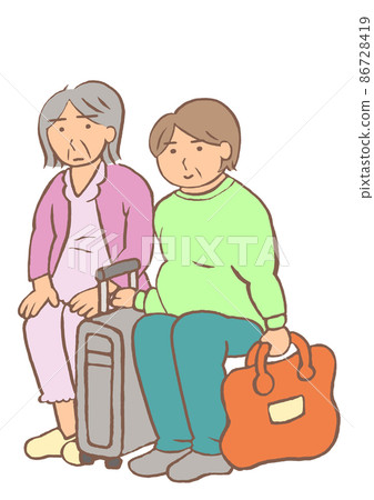 Illustration of an elderly woman hospitalized in a dementia ward and a family with a gentle expression 86728419