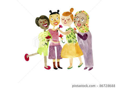 Women of different nationalities happily hug each other and hold tulips in their hands. International Women's Day. March 8 86728688